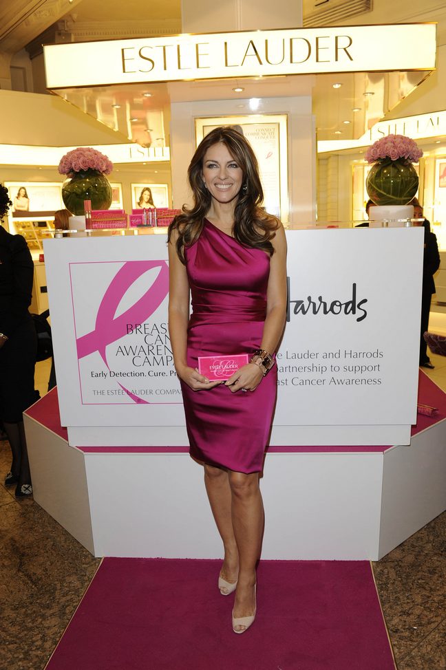 Elizabeth Hurley, pink silk dress, pink heels, breast cancer awareness